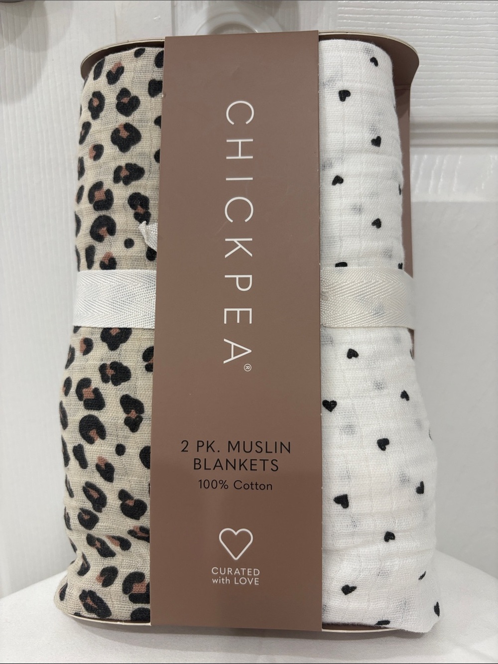 chick pea Muslin Baby Blanket Set - Beige Leopard & White with Black Hearts